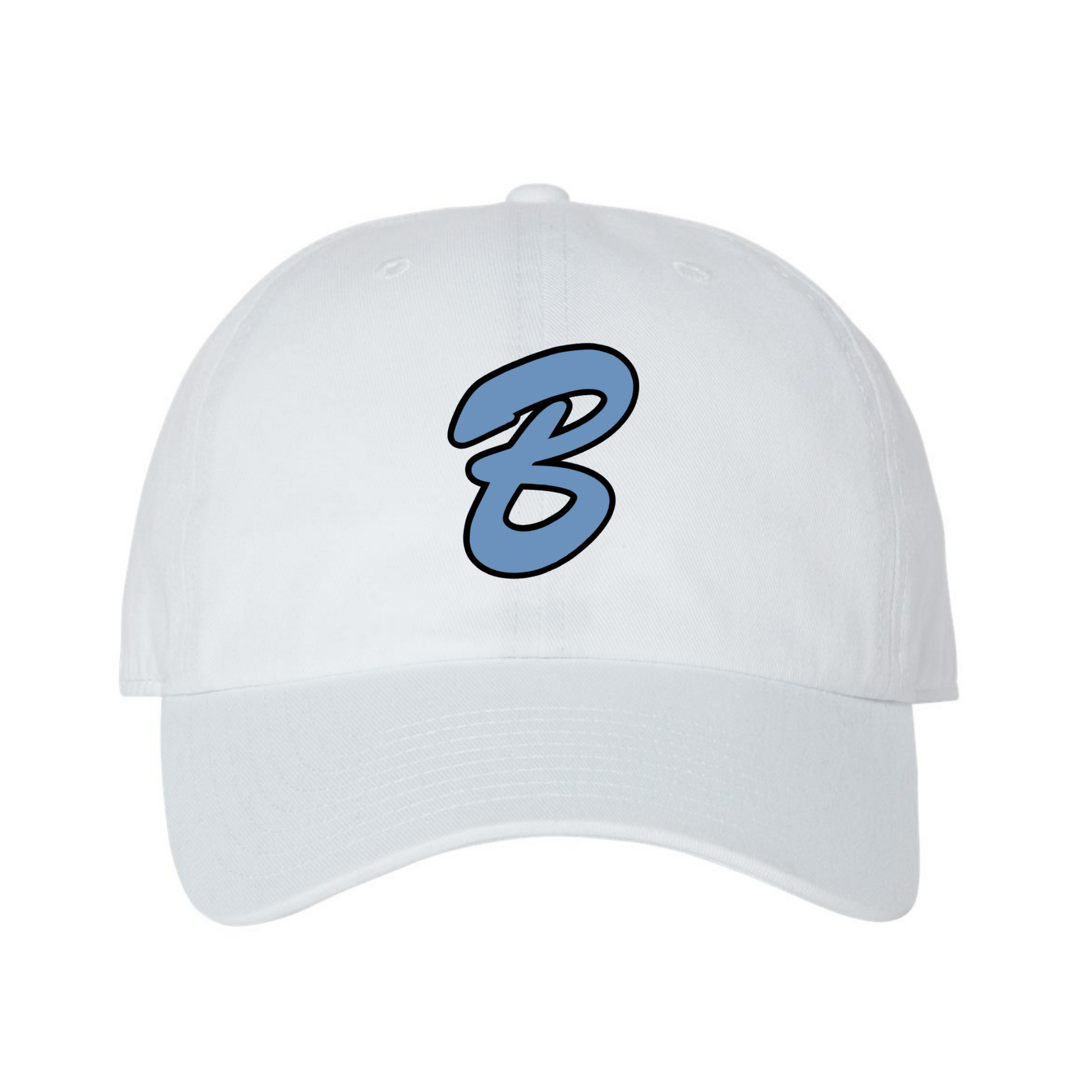 A white baseball cap featuring a light blue embroidered script letter 'B' with a black outline on the front panel, set against a plain white background.