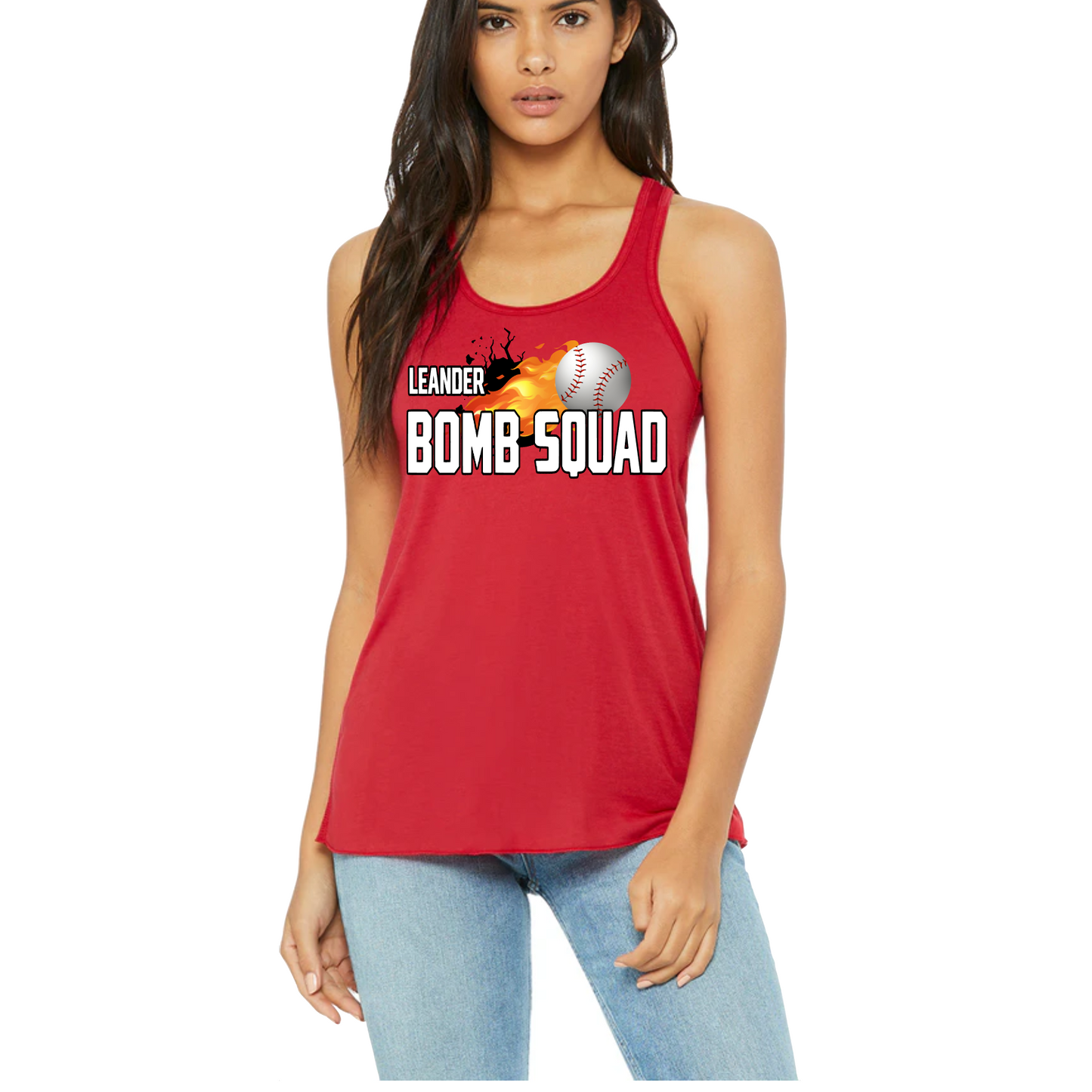 Leander Bomb Squad Baseball Tank Top, Women's Red Tank, Red Bomb Squad Tank Top, Bella and Canvas Racerback Tank