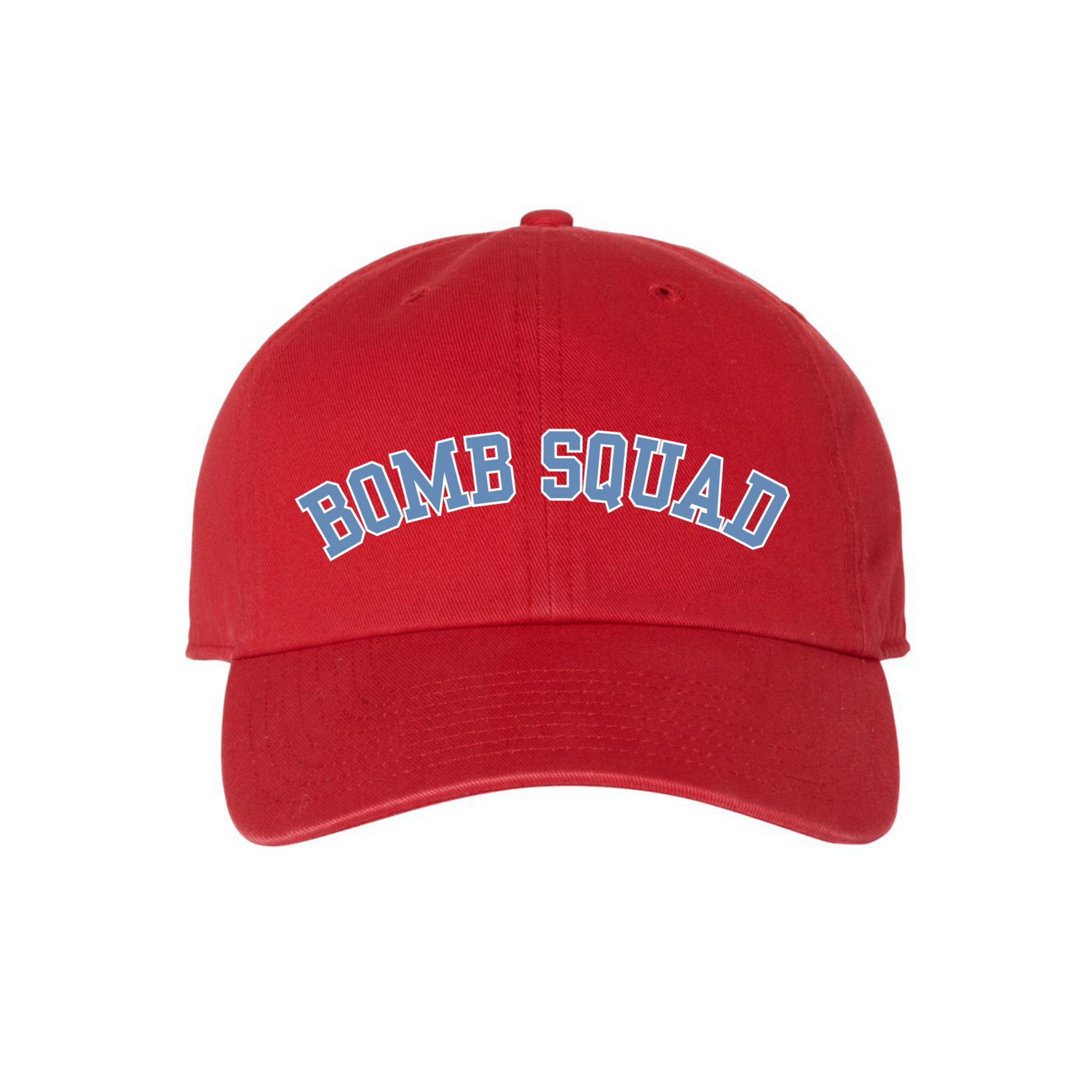 A red baseball cap with 'BOMB SQUAD' embroidered in blue and white arched lettering on the front, shown against a plain white background.