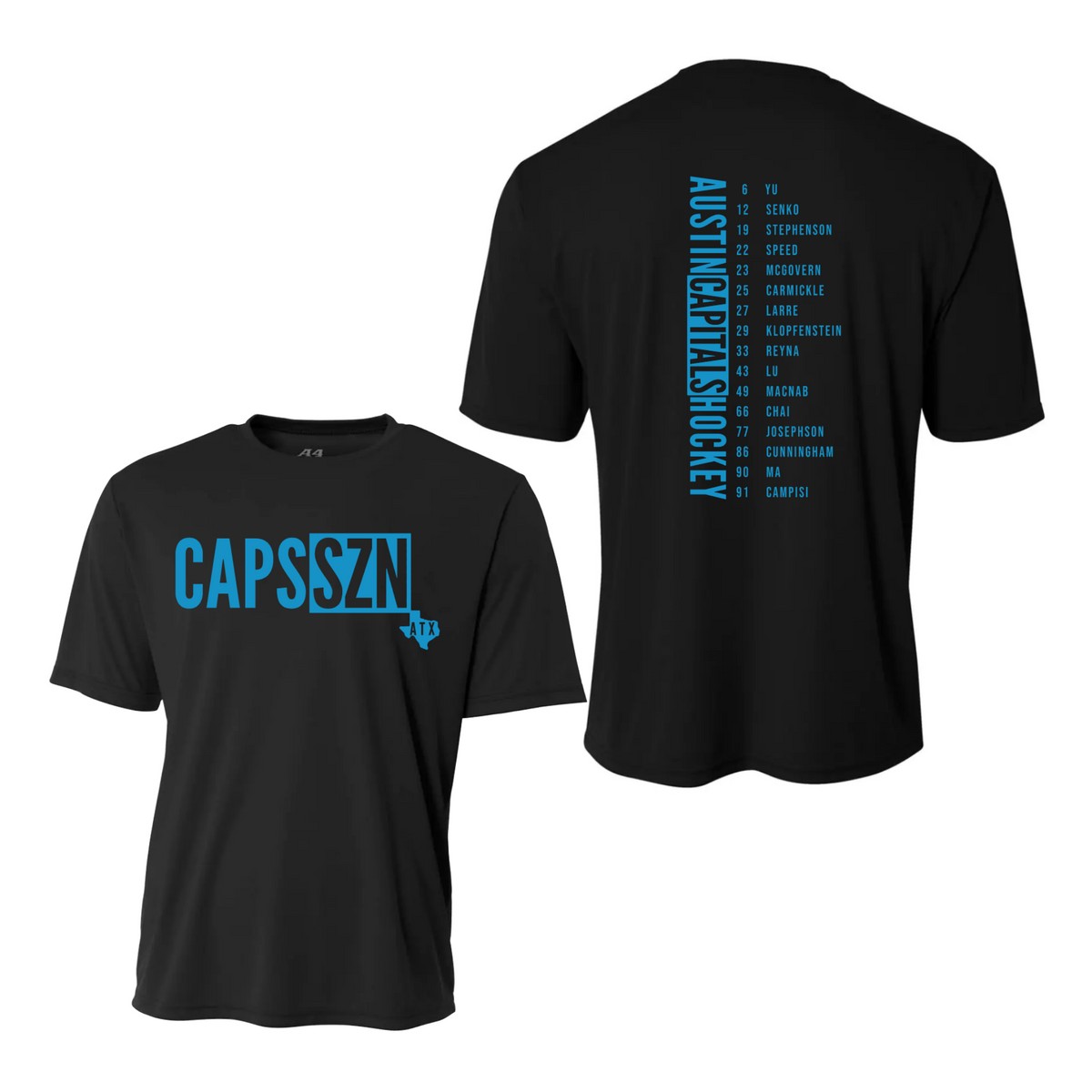 Black short-sleeve t-shirt shown from both front and back on a white background. The front features the text 'CAPSSZN' in bright blue, and the back features a vertical list of Austrian ice hockey team names in the same blue print.