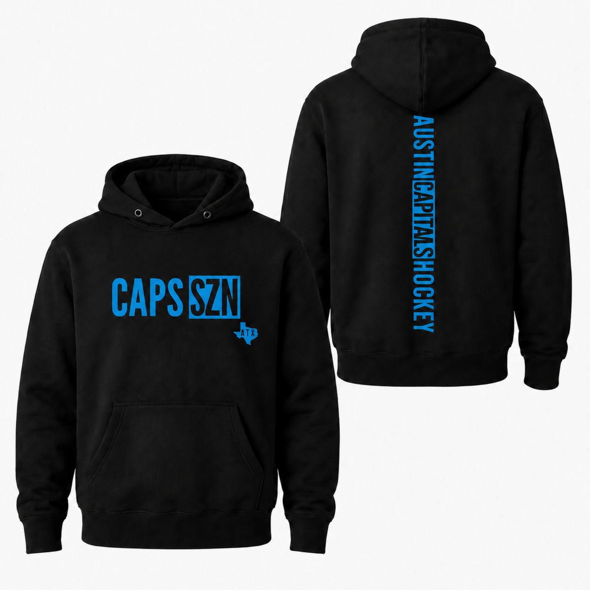 Black Austin Capitals Hockey CAPS SZN pullover hoodie with blue front design and vertical team lettering on the back