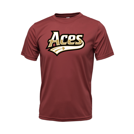 A short-sleeve crewneck t-shirt in maroon, featuring a stylized 'Aces' logo printed across the chest in white, gold, and black.