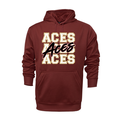 A maroon pullover hoodie with a front kangaroo pocket and a graphic on the chest reading 'ACES ACES ACES' in cream block letters with a black script overlay.