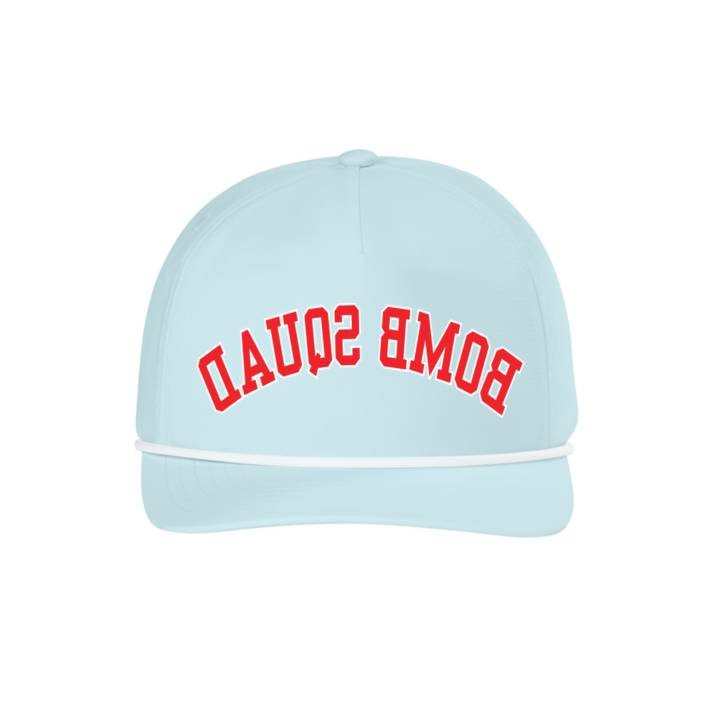 A light blue baseball cap with 'BOMB SQUAD' embroidered in red arched lettering on the front, set against a plain white background.
