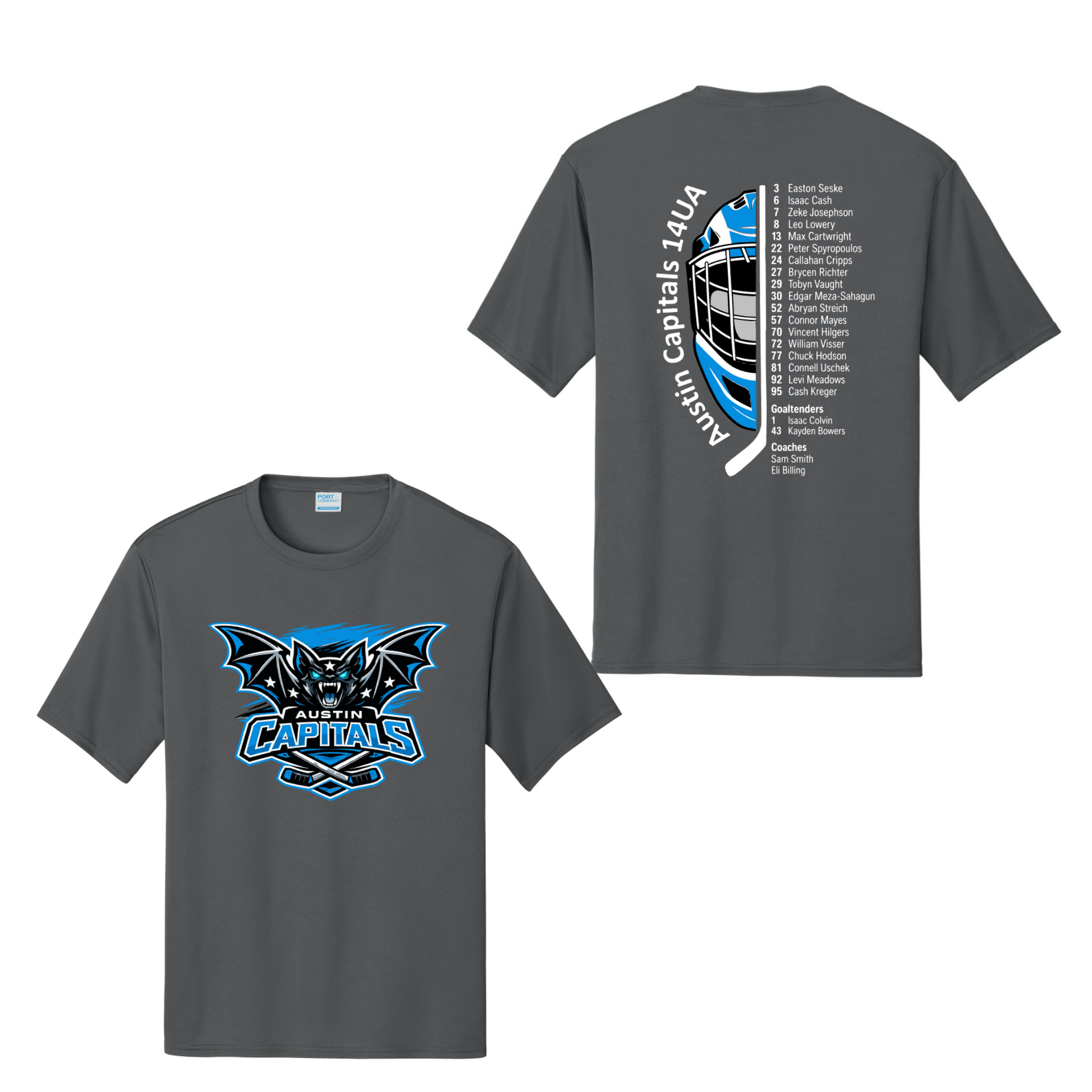 A dark gray short-sleeve t-shirt shown from both front and back. The front features a blue and white bat logo with the text 'AUSLITA CAPITALS 14UA'.