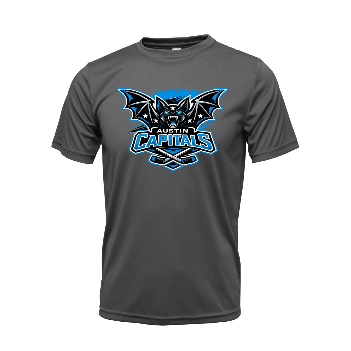 Charcoal Austin Capitals Hockey performance T-shirt with black white and blue bat mascot and crossed hockey sticks design