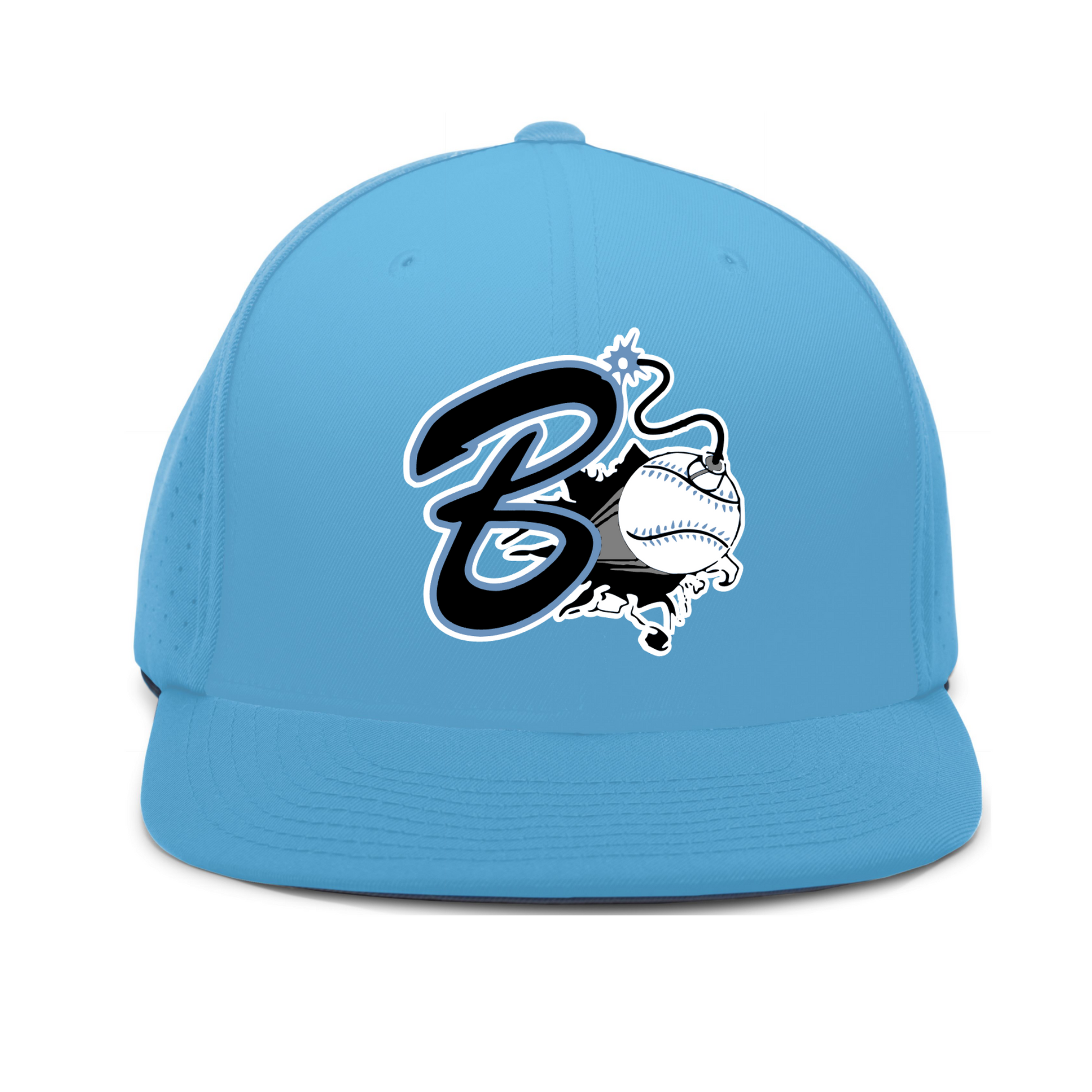 A light blue structured baseball cap with a front graphic featuring a large black and white stylized letter 'B' and a cartoon baseball mascot, shown on a plain white background.