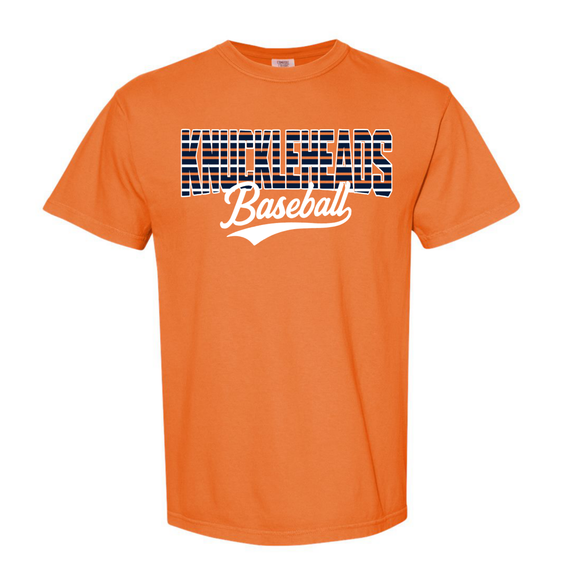 Orange t-shirt with 'Knuckleheads Baseball' text on a white background