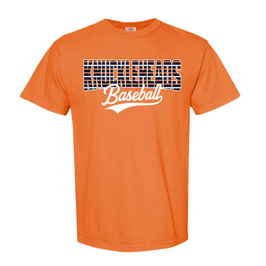 Orange t-shirt with 'Knuckleheads Baseball' text on a white background