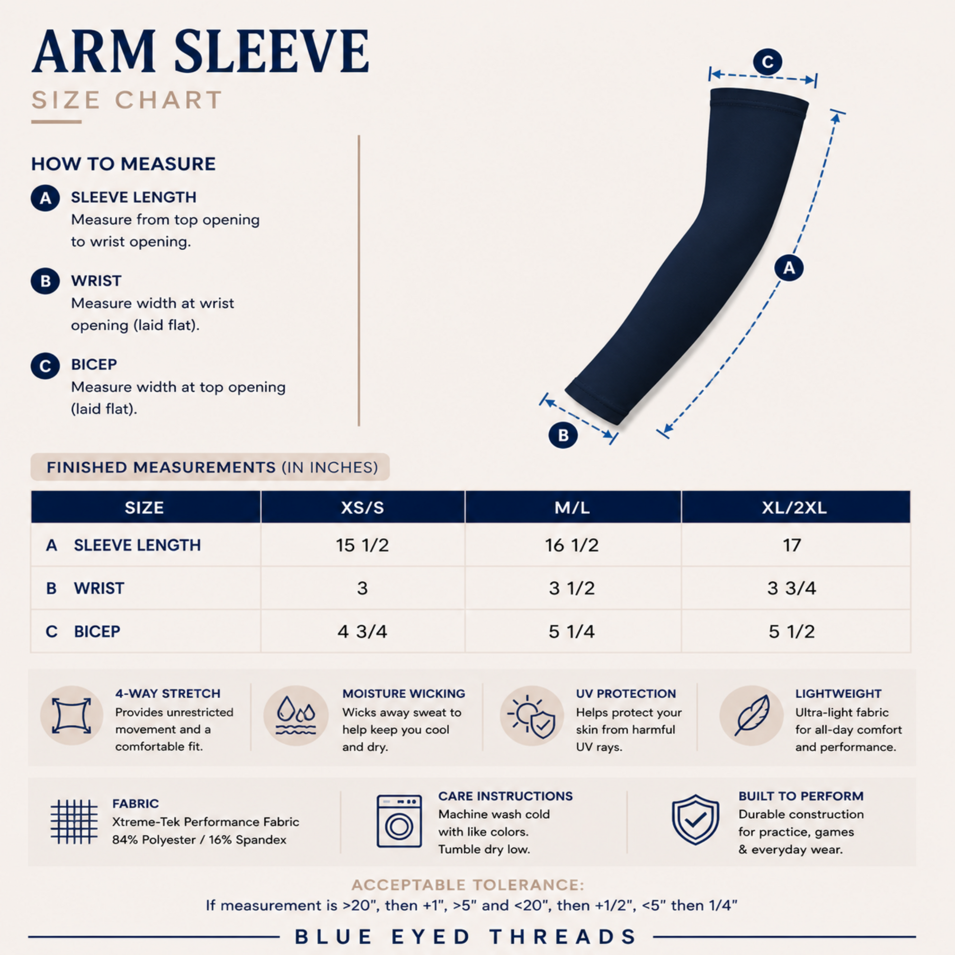 Arm sleeve size chart with measurements and features on a white background