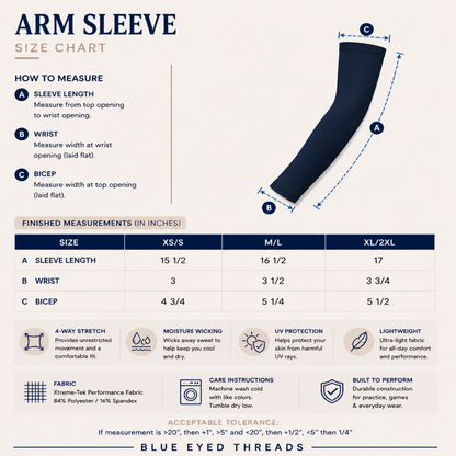 Arm sleeve size chart with measurements and features on a white background
