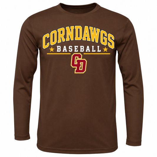 Brown CornDawgs Baseball long-sleeve performance shirt with gold varsity lettering and red CD logo
