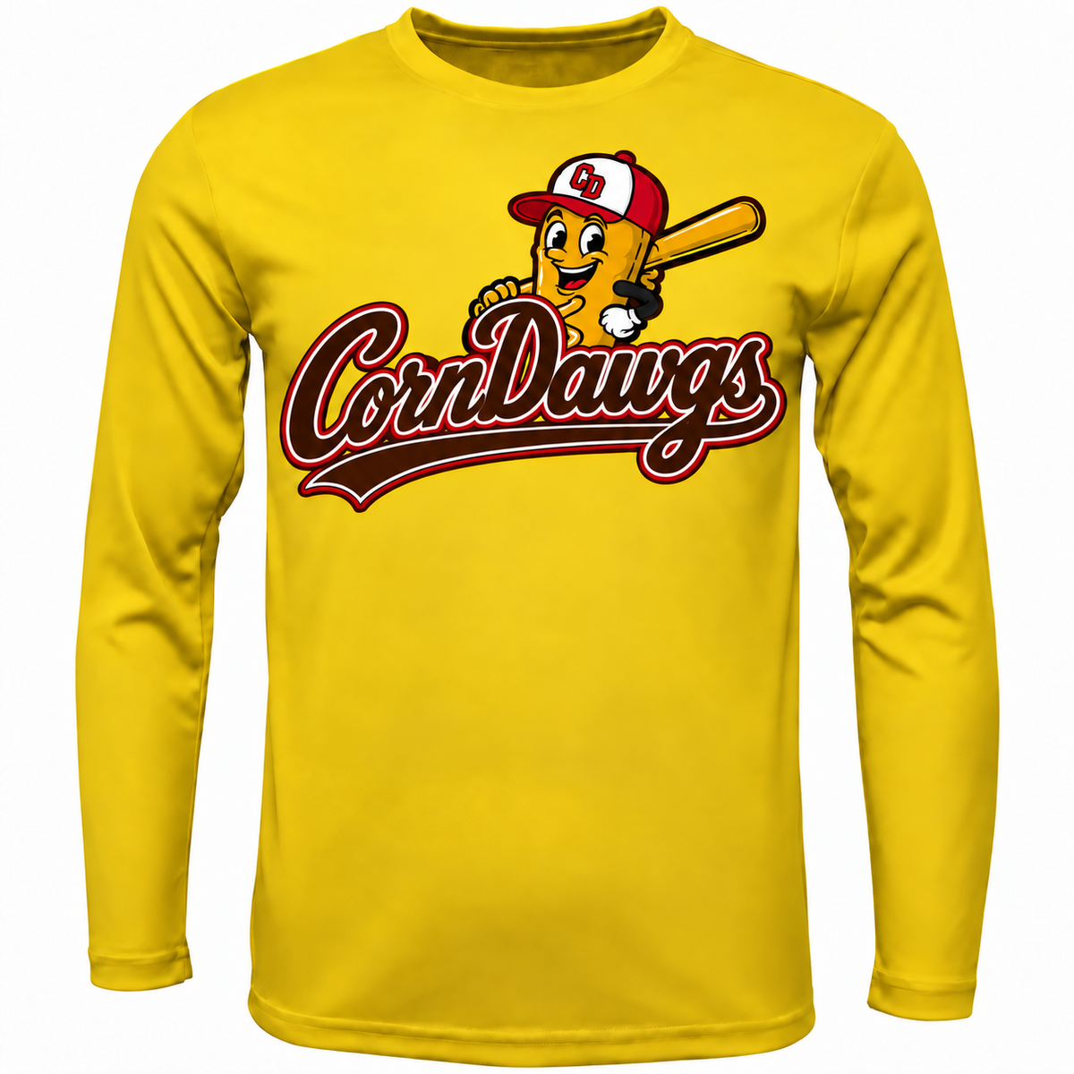 Gold CornDawgs long-sleeve performance shirt with brown script and corndog baseball mascot