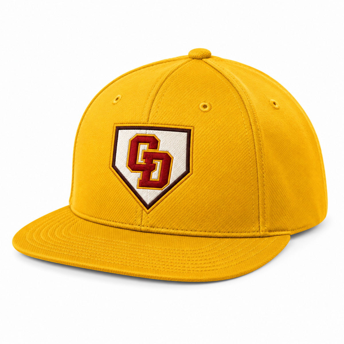 A yellow structured baseball cap with a flat brim, featuring an embroidered shield patch on the front with the letters 'CS' in red and gold on a white background.