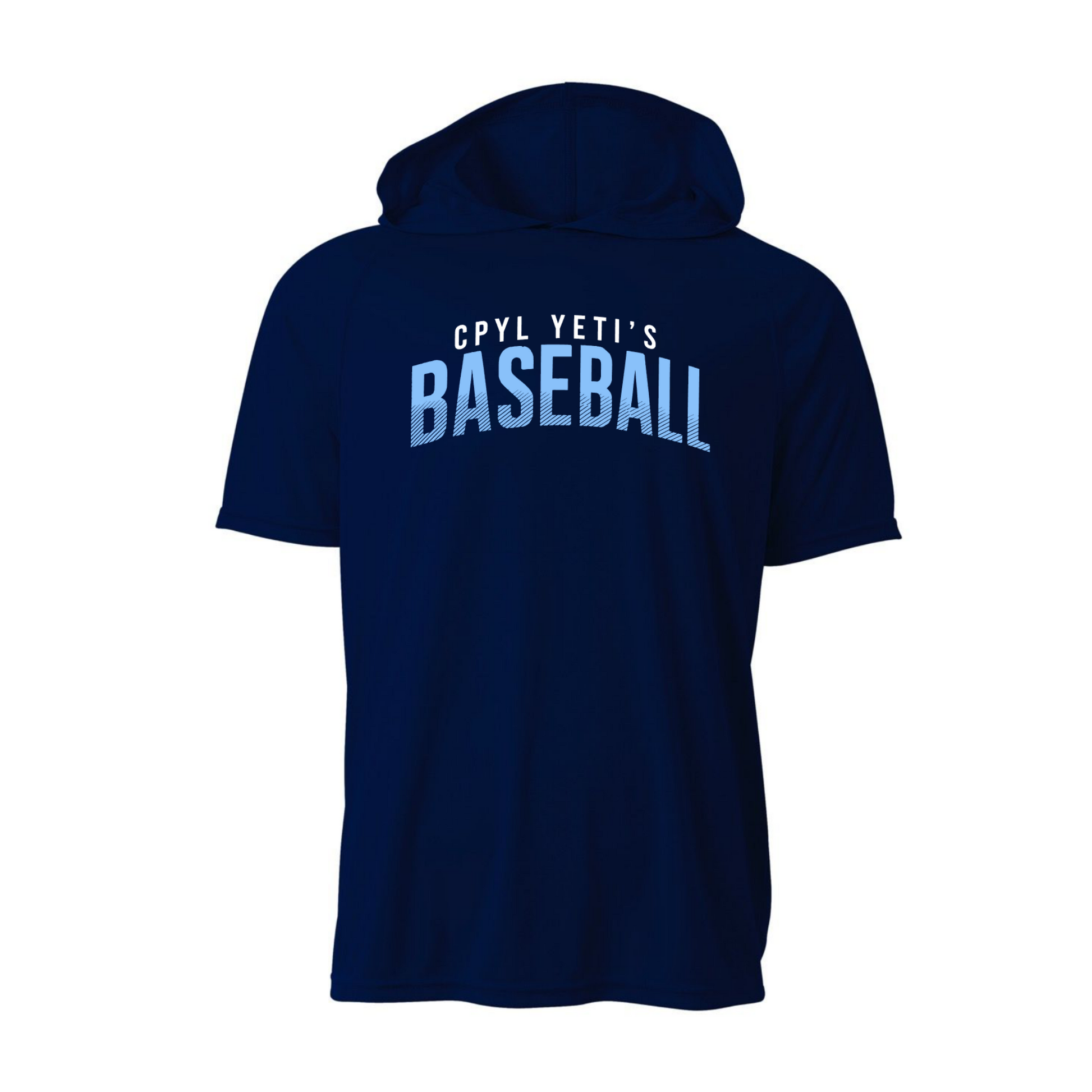 Navy blue hoodie with 'Cpyl Yeti's Baseball' text on the back against a white background