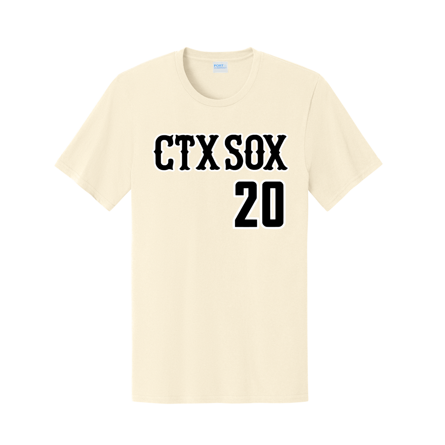 Beige t-shirt with 'CTX SOX 20' text on a white background
