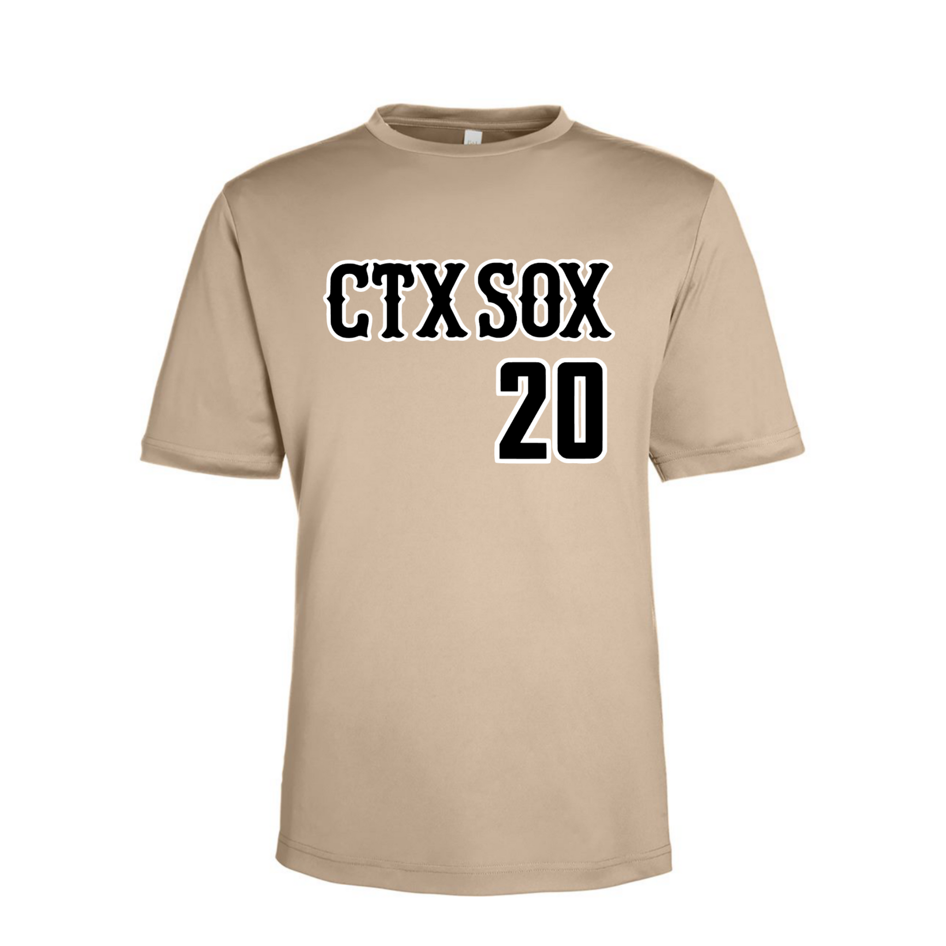 Beige t-shirt with 'CTX SOX 20' text on a white background