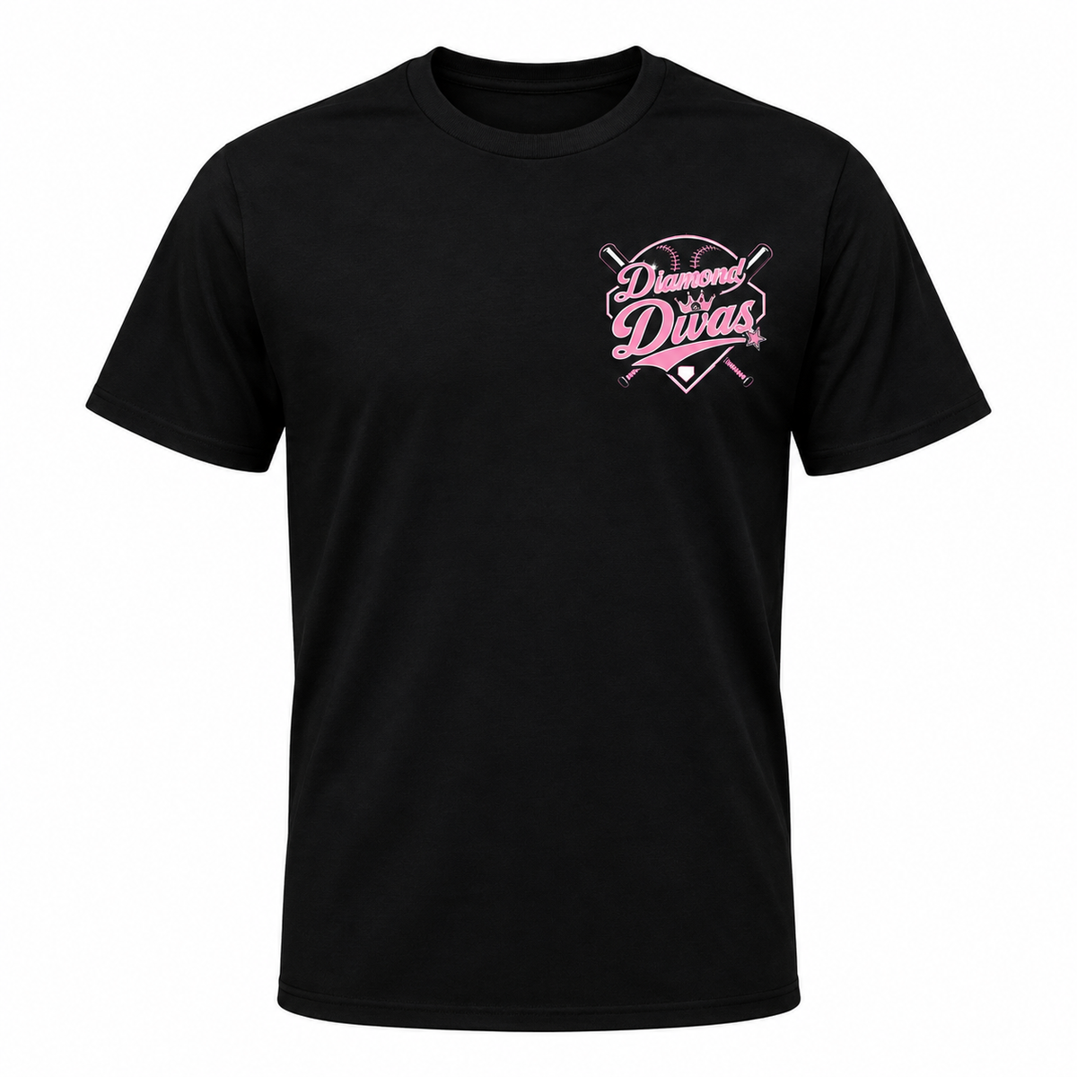Black cotton T-shirt with pink Diamond Divas logo on left chest