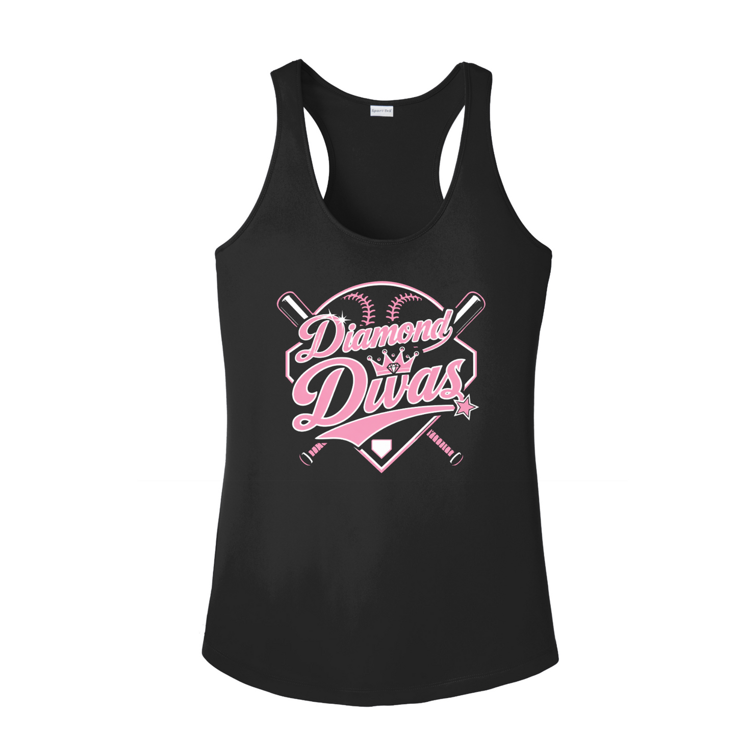 Diamond Divas Softball women’s black racerback tank with pink and white softball design