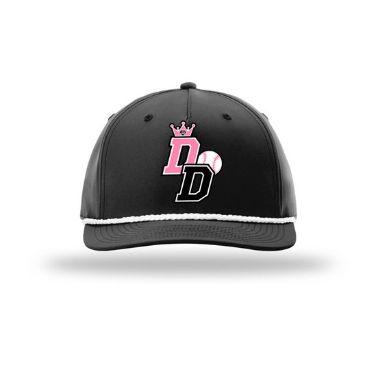 Black Diamond Divas Softball rope hat with white rope and pink black and white DD team logo
