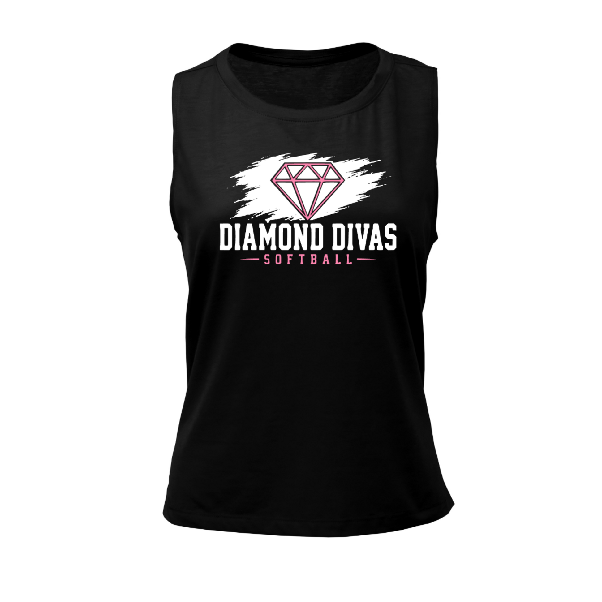 Black Diamond Divas Softball women’s hi lo tank with pink diamond and white brush stroke design