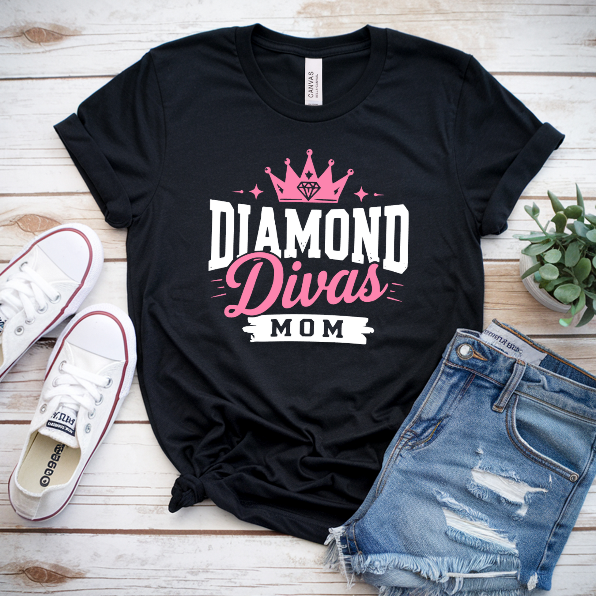 Black Diamond Divas Mom softball t-shirt with pink and white crown design