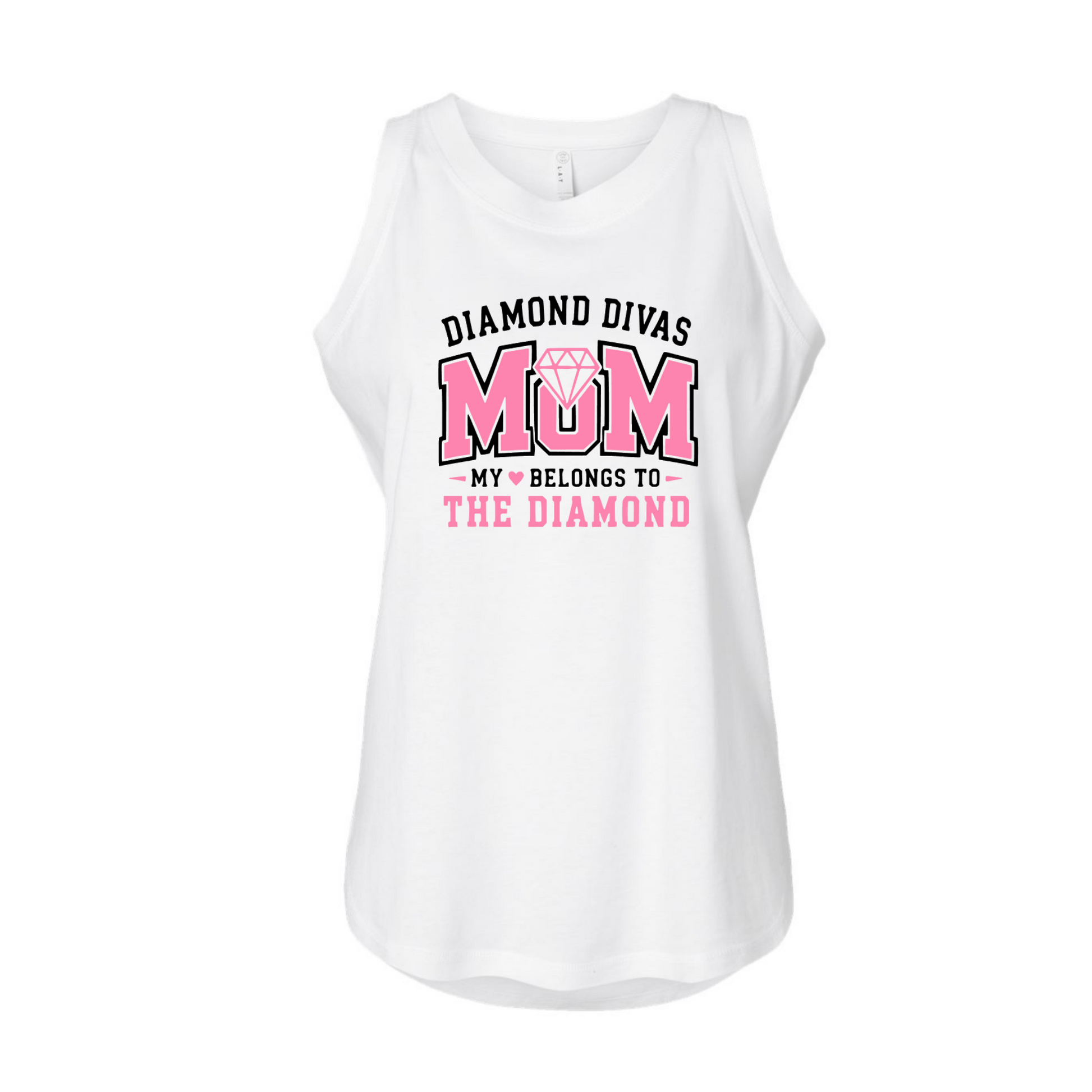 White Diamond Divas Softball Mom tank with pink and black My Heart Belongs to the Diamond design