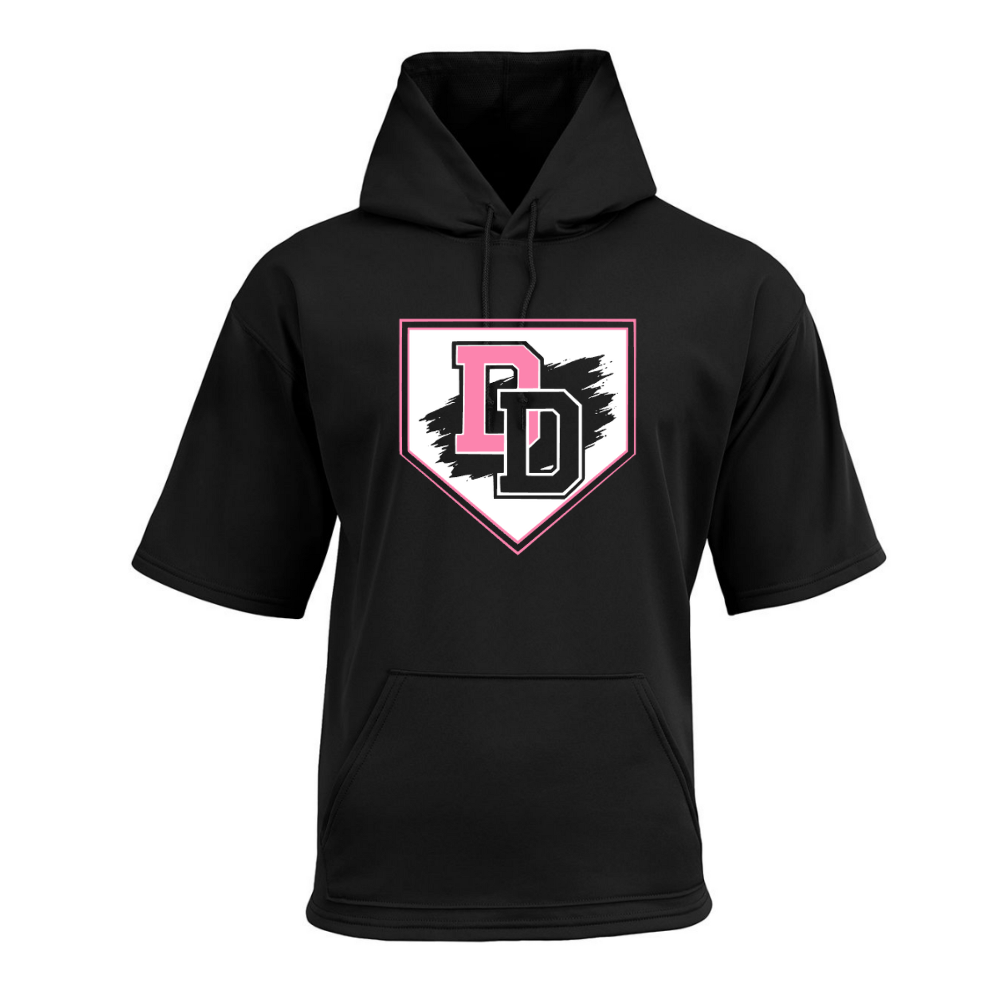 Black Diamond Divas Softball short sleeve performance hoodie with pink black and white DD logo