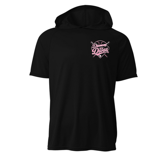 Black Diamond Divas Softball short sleeve performance hoodie with pink and white left chest logo