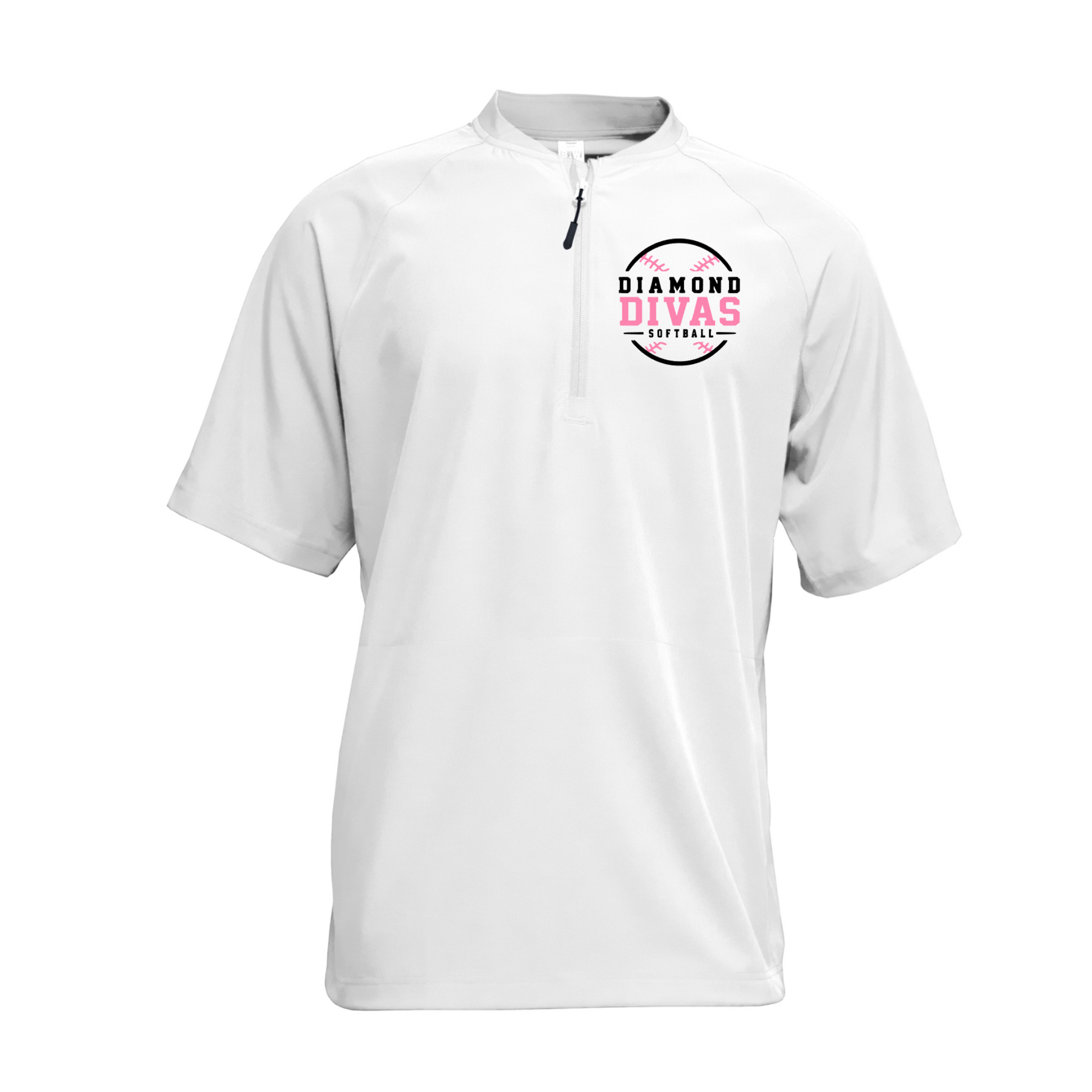 White Diamond Divas Softball short sleeve quarter zip cage jacket with black and pink left chest logo