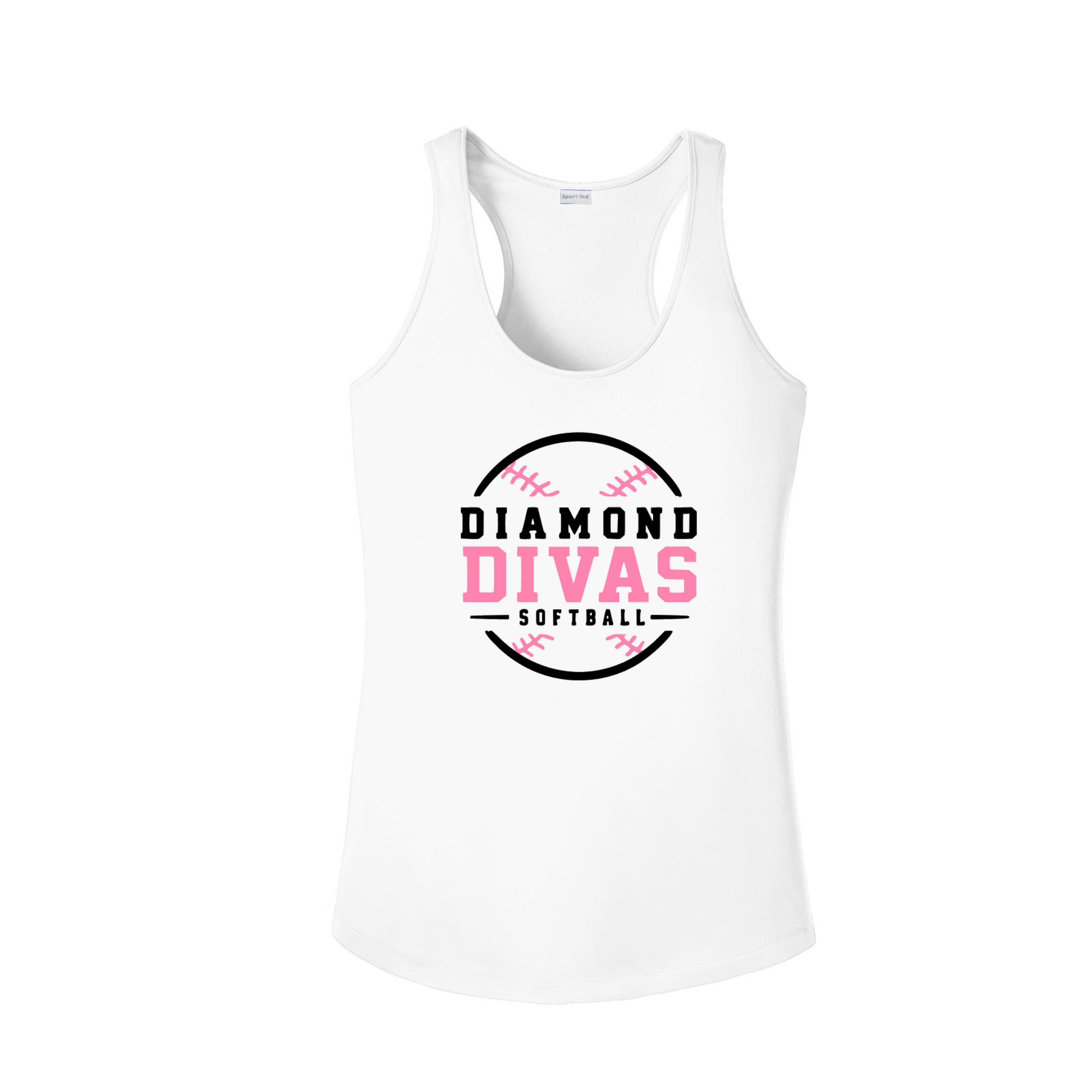 White Diamond Divas Softball women’s racerback tank with pink and black softball design
