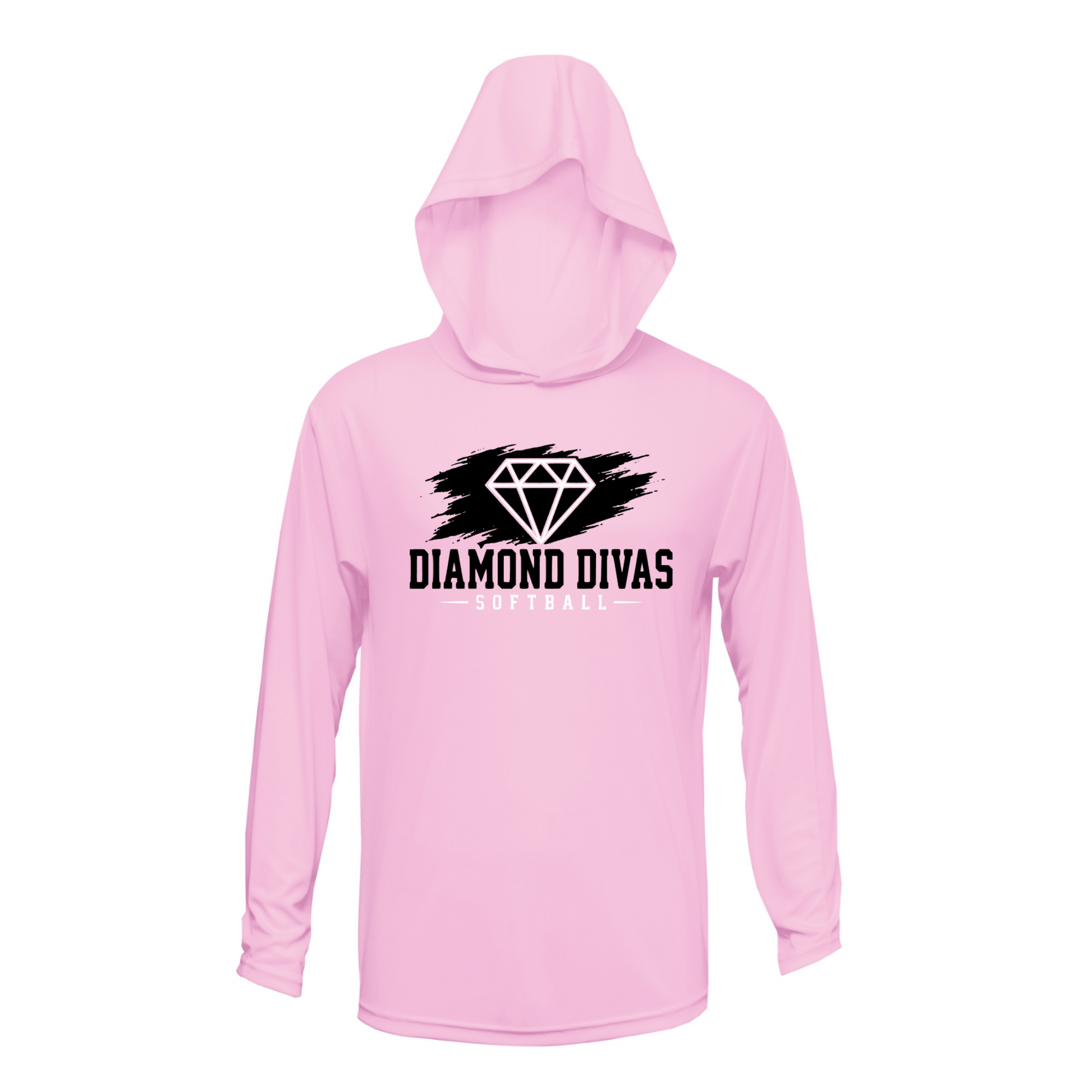 Pink Diamond Divas Softball long sleeve hooded performance shirt with diamond team graphic.