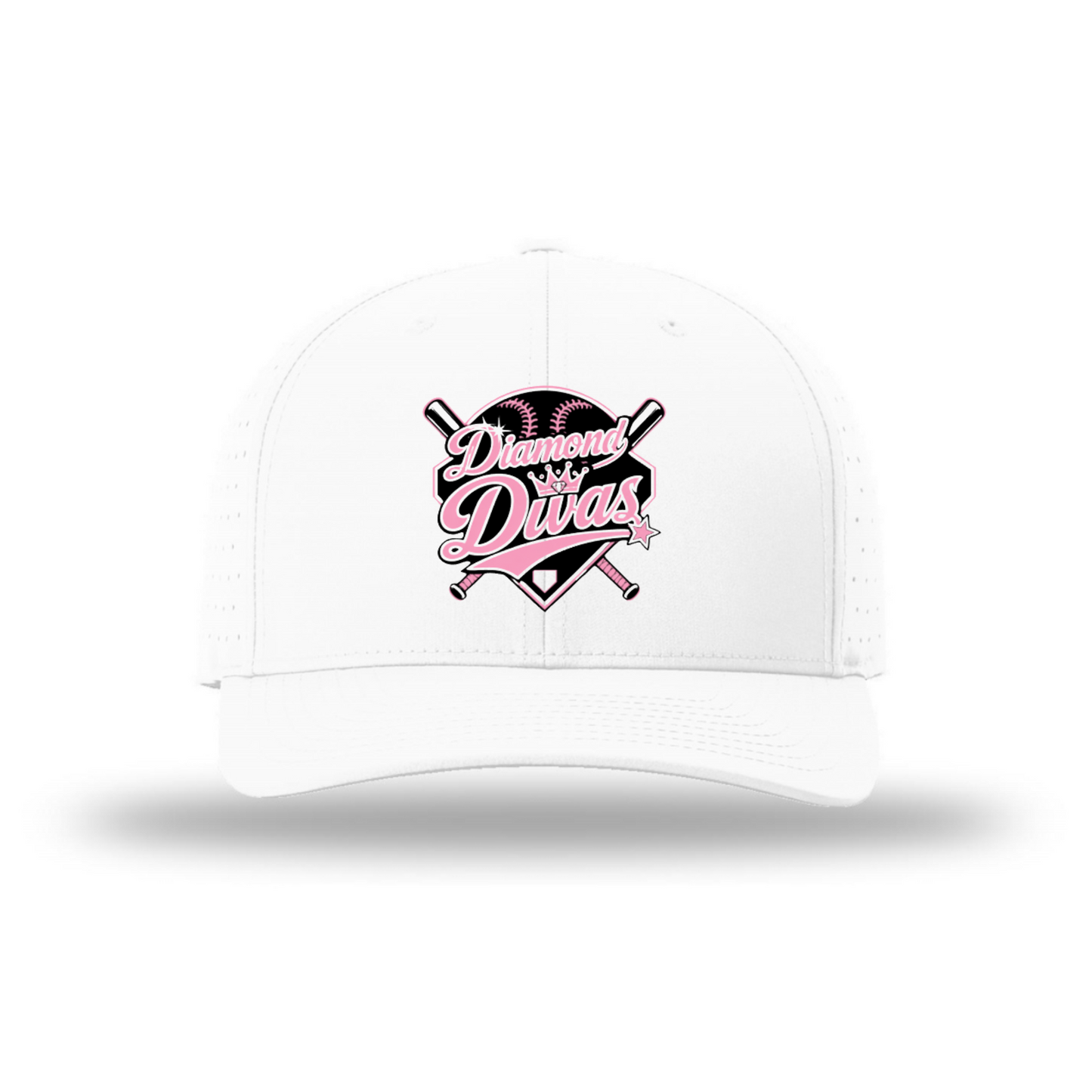 White Richardson hat with pink and black Diamond Divas Softball team logo