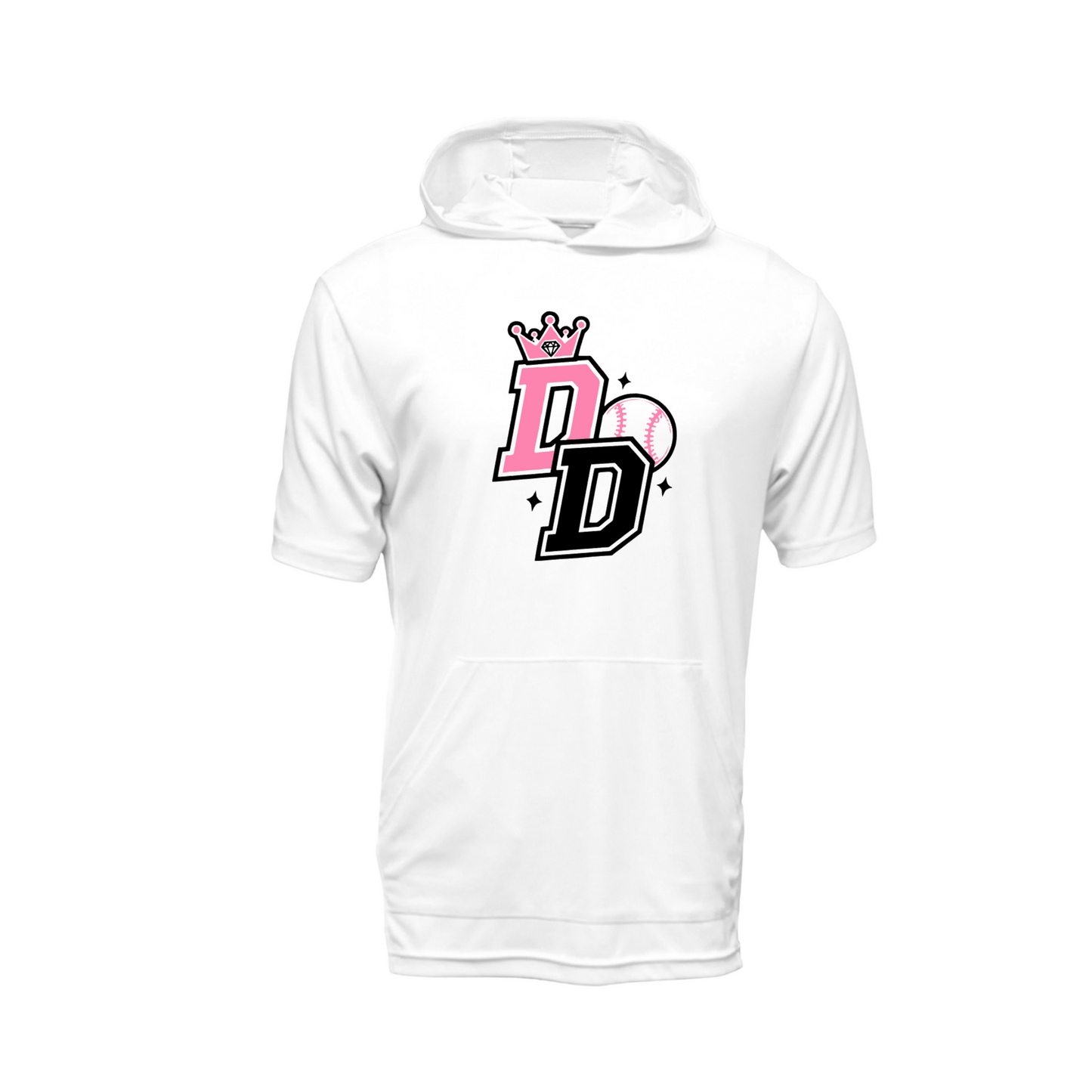 White Diamond Divas Softball short sleeve performance hoodie with pink and black DD crown logo