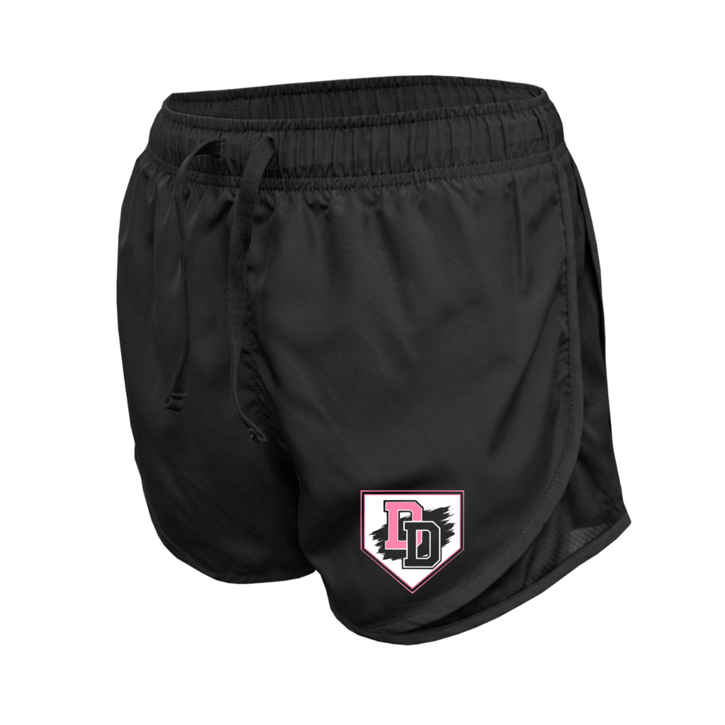 Black Diamond Divas women’s athletic shorts with pink black and white DD softball logo