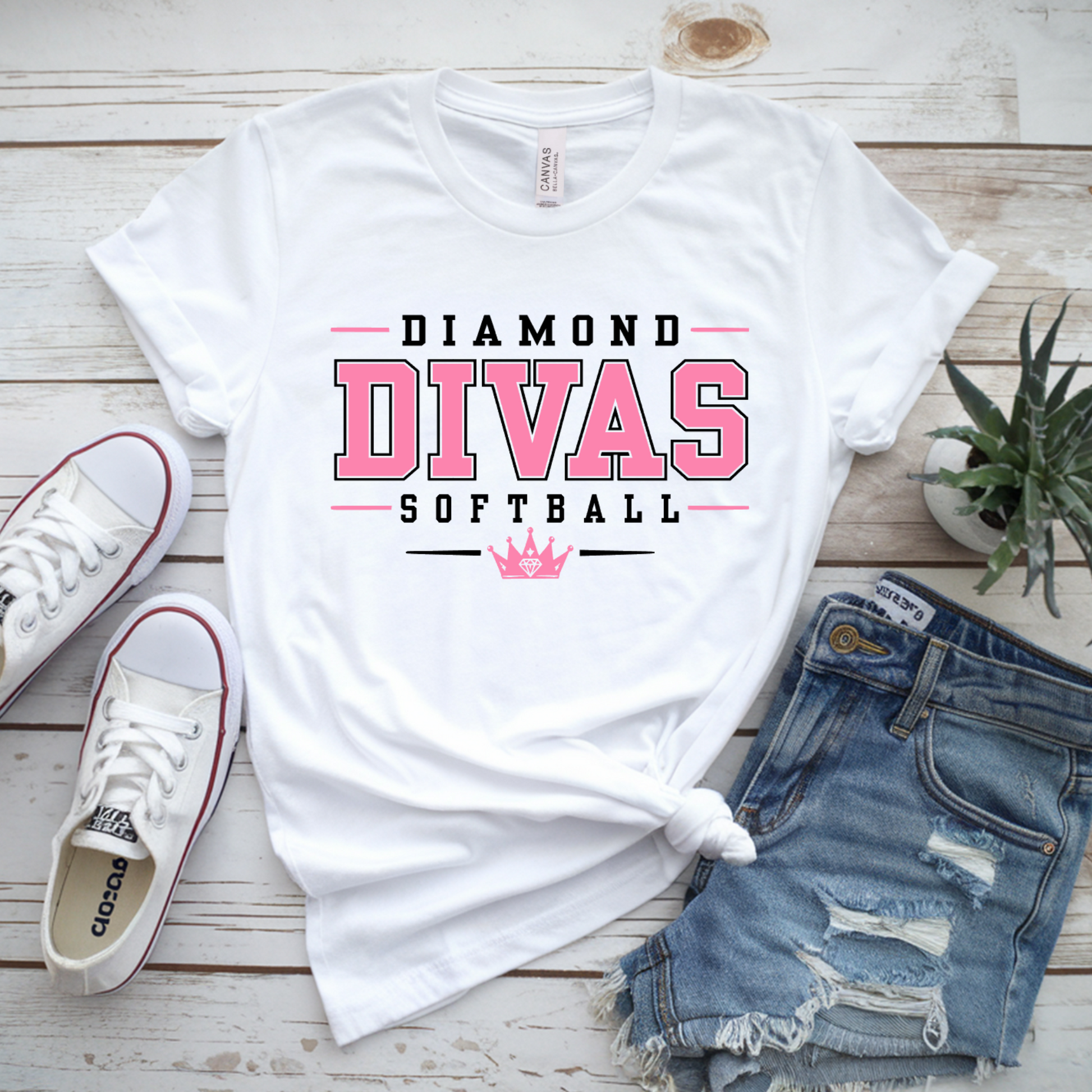 White Diamond Divas Softball T-shirt with pink and black collegiate team design and crown detail