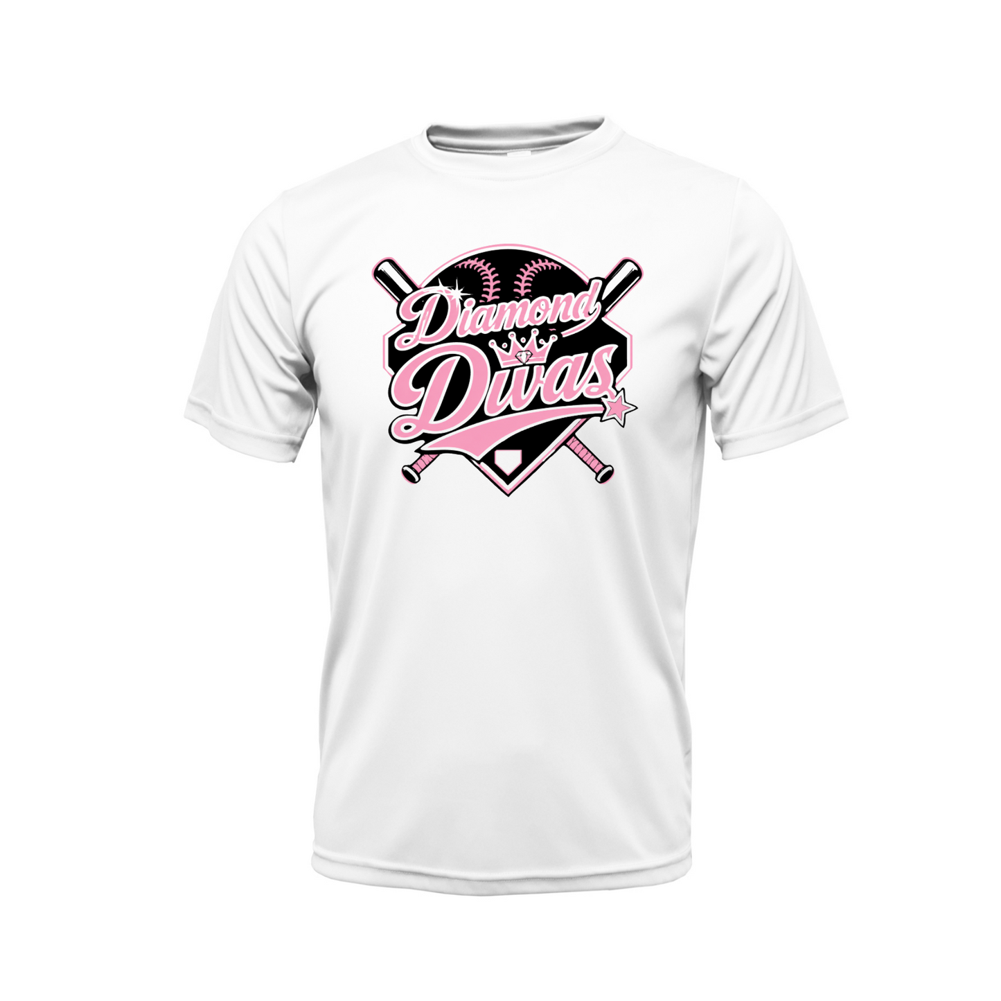 White Diamond Divas Softball performance shirt with pink and black team logo