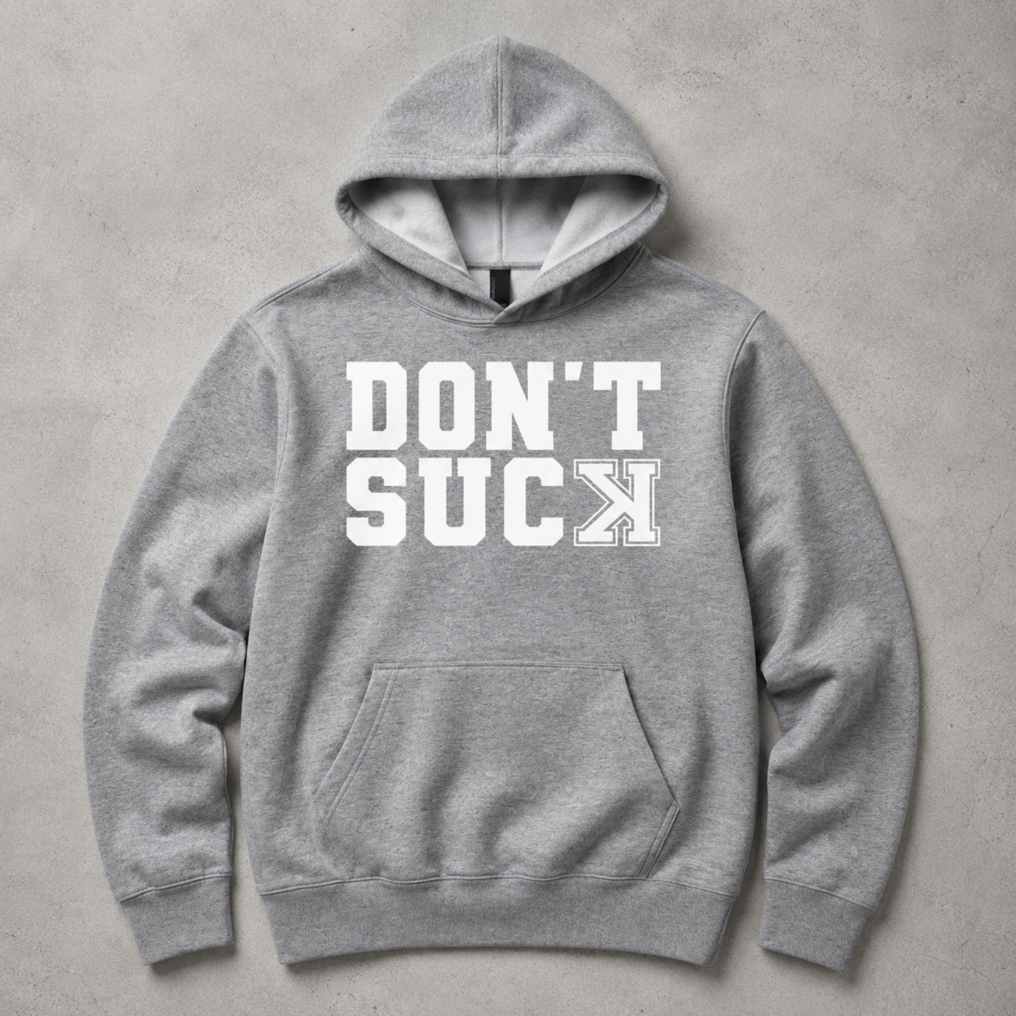 Don’t Suck baseball hoodie in heather gray with white varsity lettering