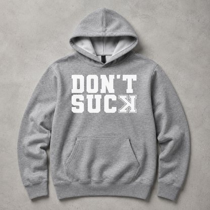 Don’t Suck baseball hoodie in heather gray with white varsity lettering