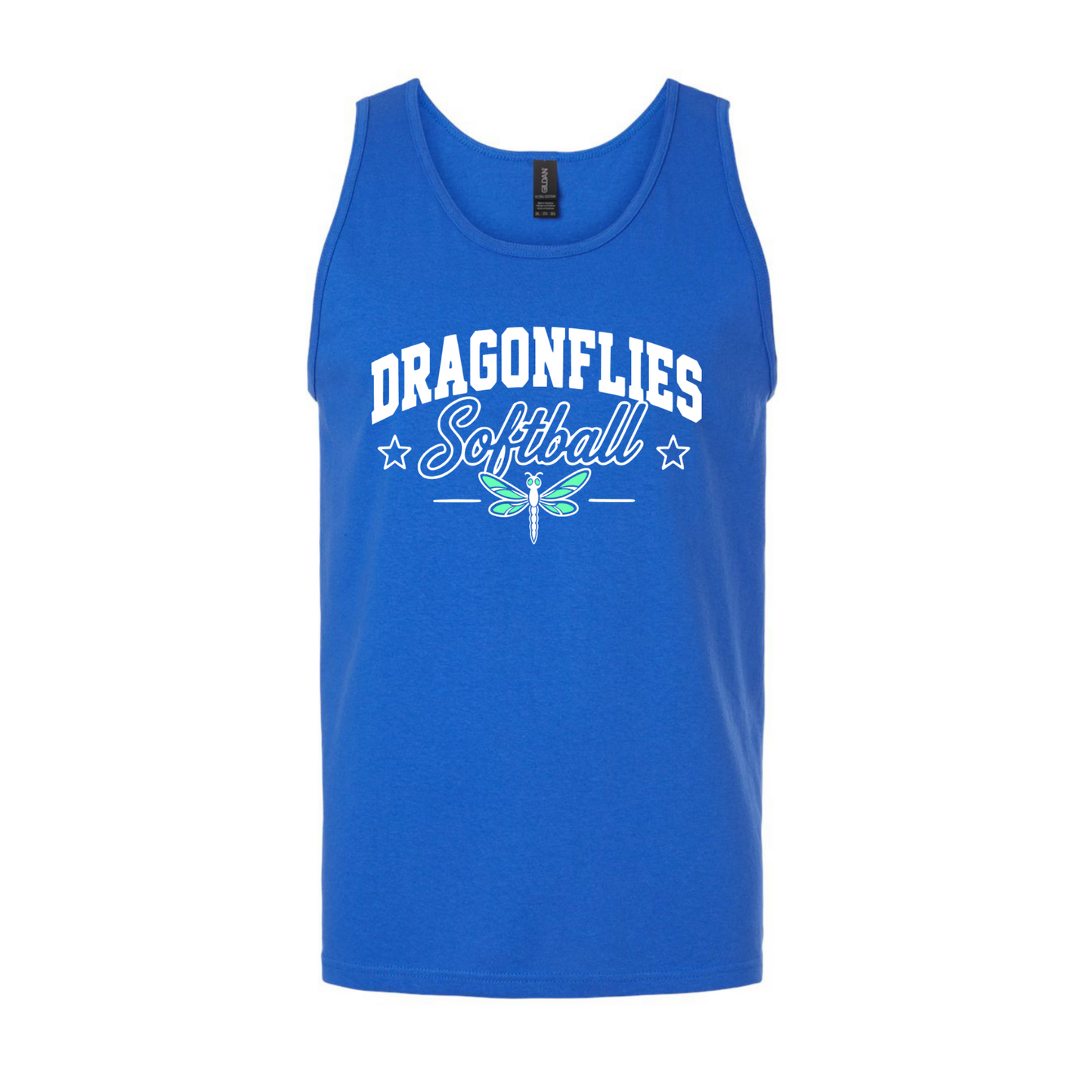 Dragonflies Softball men's royal blue tank top with white and teal team graphic