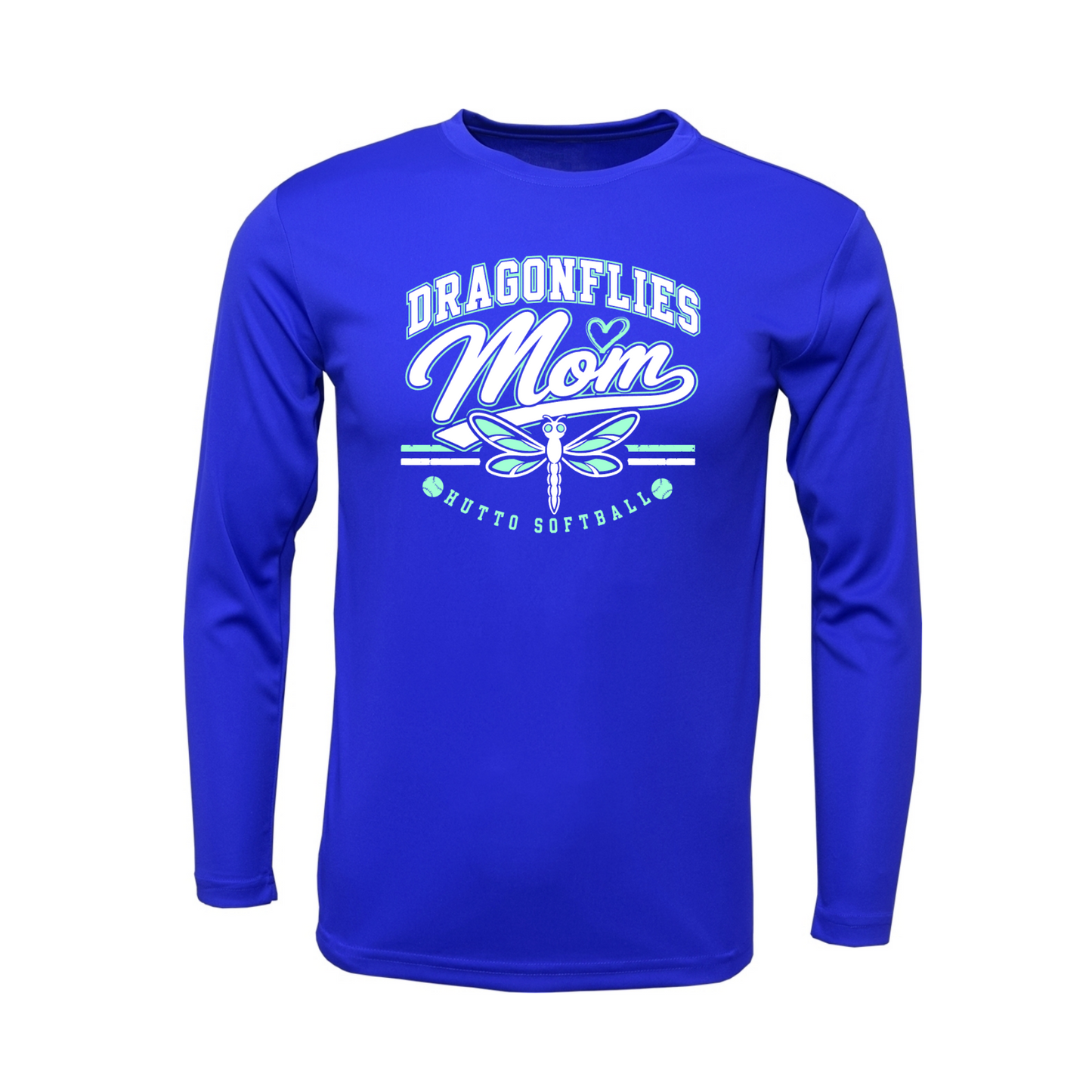 Royal-blue Dragonflies Mom long sleeve performance shirt with white and mint Hutto Softball design.