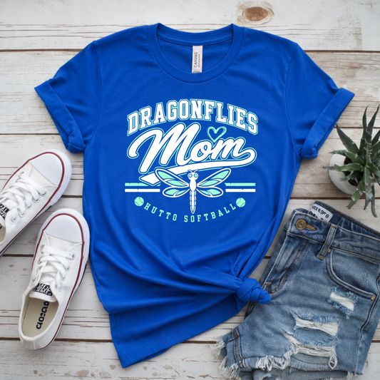 Royal blue Hutto Dragonflies Mom softball shirt with white mint dragonfly and Hutto Softball design