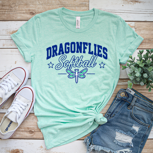 Mint Hutto Dragonflies Softball spirit T-shirt with royal blue varsity lettering and dragonfly design