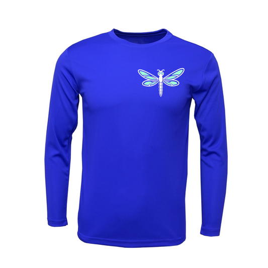 Royal blue Hutto Dragonflies Softball long sleeve performance shirt with mint and white dragonfly logo