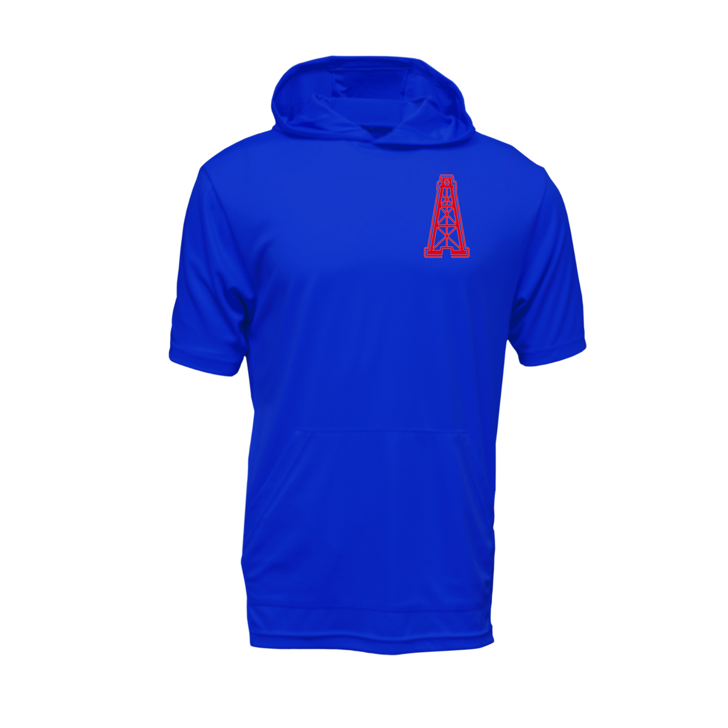 A royal blue short-sleeve hooded shirt with a red oil derrick logo on the left chest, displayed on a clean white background.