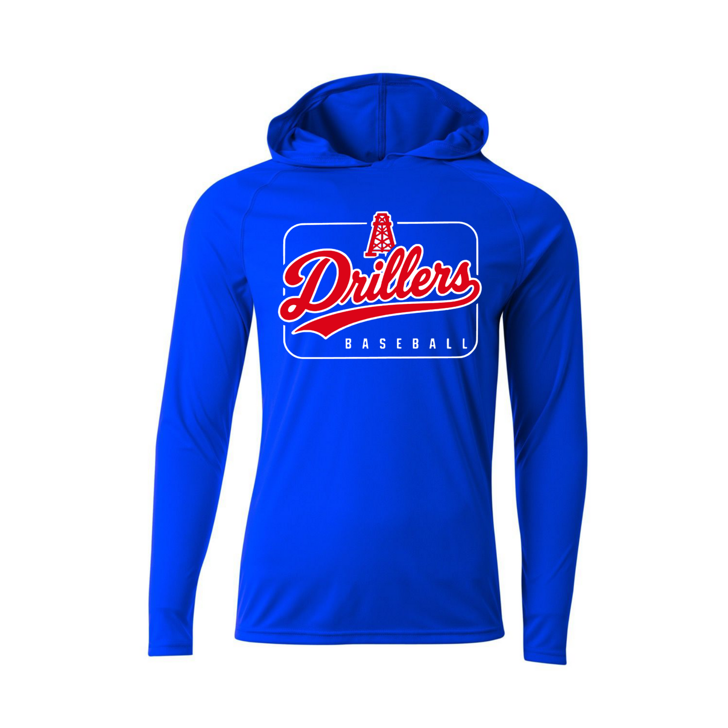 A royal blue long-sleeve athletic hoodie with a 'Drillers Baseball' graphic on the chest, displayed on a clean white background.