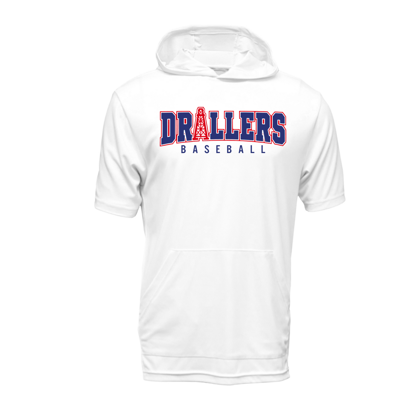 A white short-sleeve pullover hoodie with a front kangaroo pocket and a graphic on the chest reading 'DRILLERS BASEBALL' in blue and red, shown on a plain white background.