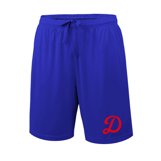 Royal blue athletic shorts with a red stylized letter 'D' logo on the lower left leg, shown against a plain white background.