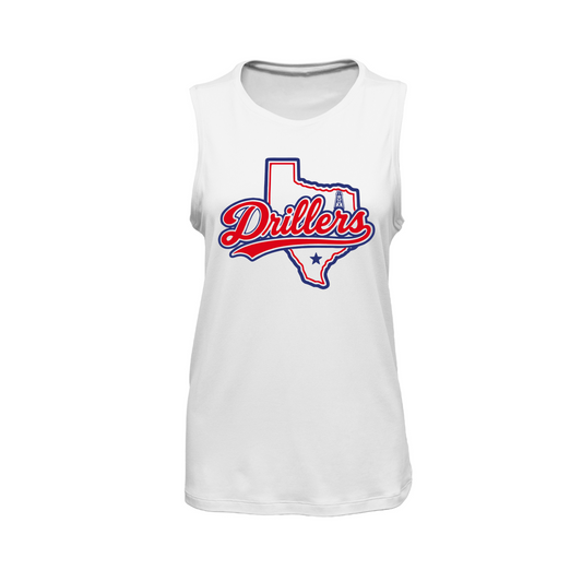 A white sleeveless tank top featuring a red and blue graphic of the state of Texas with the word 'Drillers' in red script across the front.
