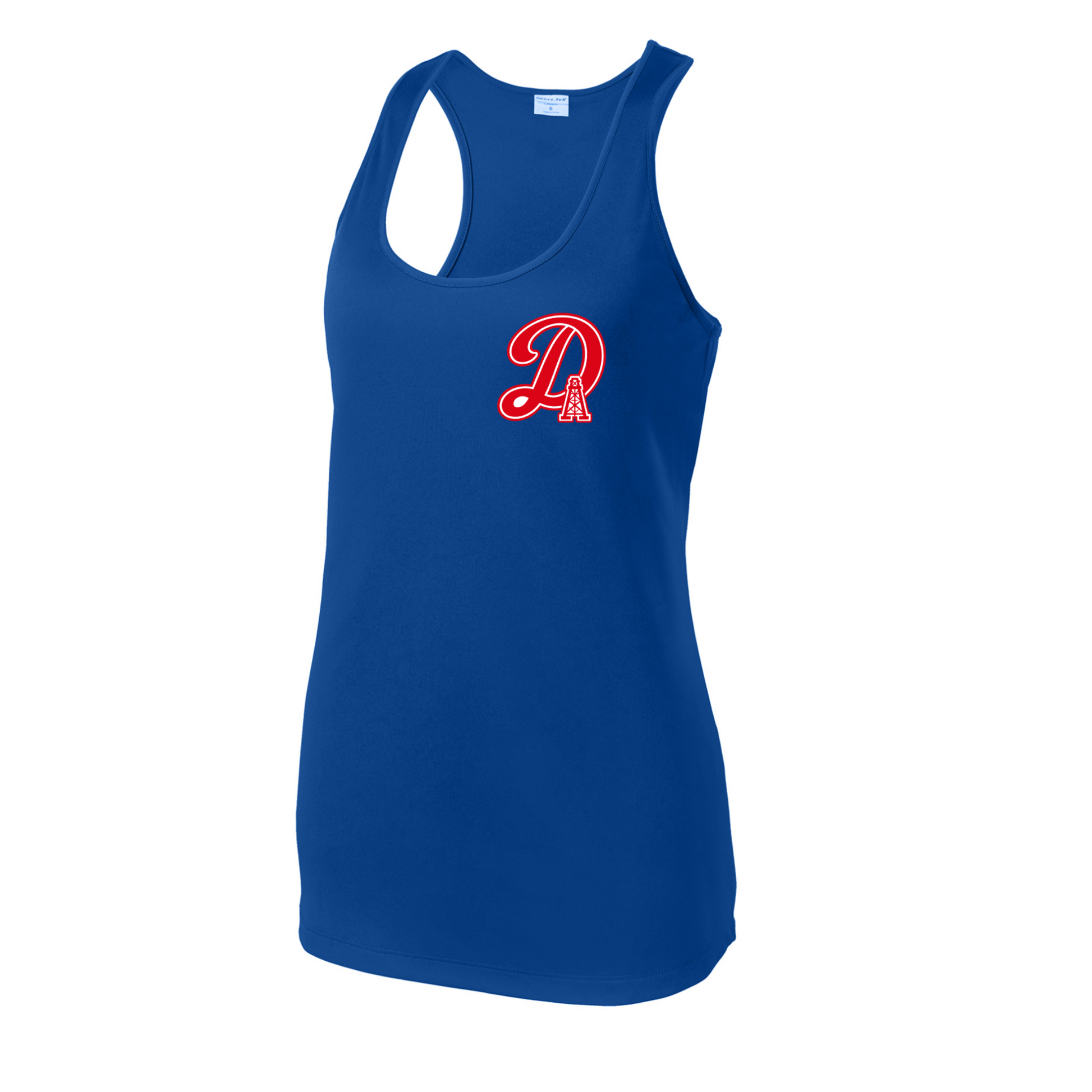 A royal blue racerback tank top featuring a red and white stylized 'DA' logo on the center chest, displayed on a clean white background.
